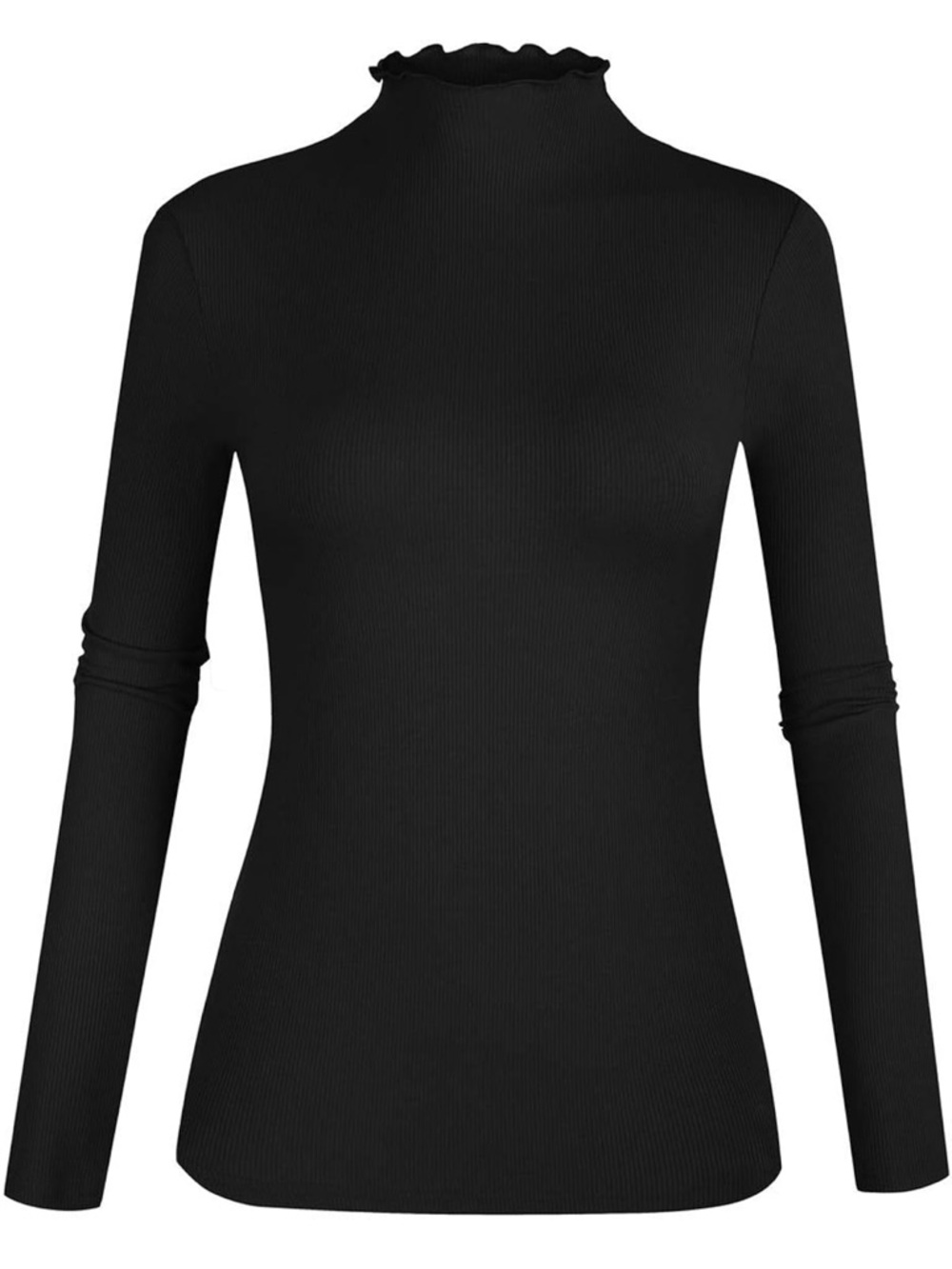 Women's Black Ruffle Mock Neck Long Sleeve Top - Classic Rib Knit